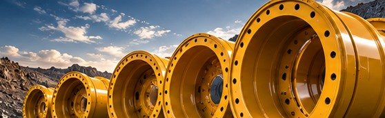 Stack of yellow OTR wheels and rims